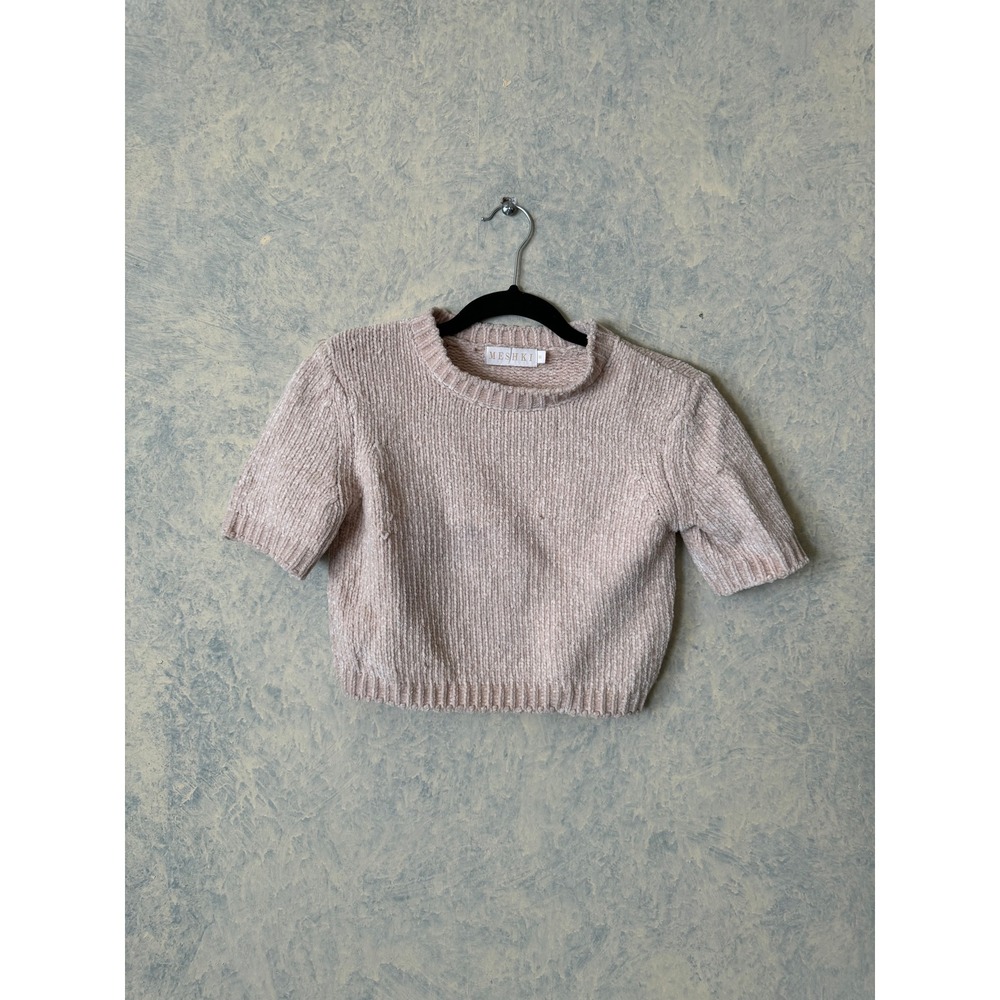 Meshki Knit Sweater Women S Beige Good Short Sleeve Cropped Ribbed Chenille Top